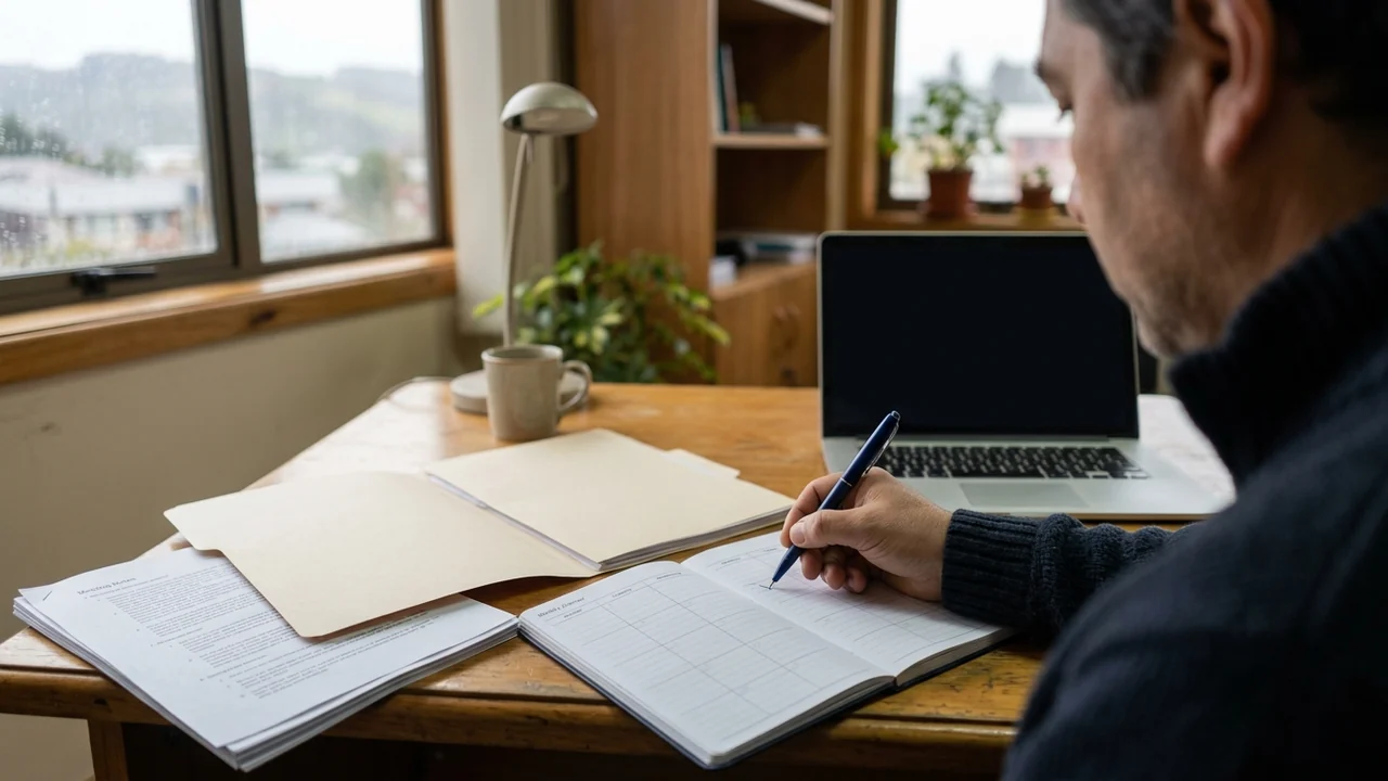 Una persona organiza una agenda sin texto y documentos en un escritorio de trabajo.