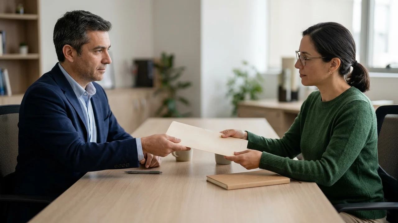 Dos personas adultas en una mesa de reunión intercambian una carpeta cerrada sin textos ni marcas visibles.