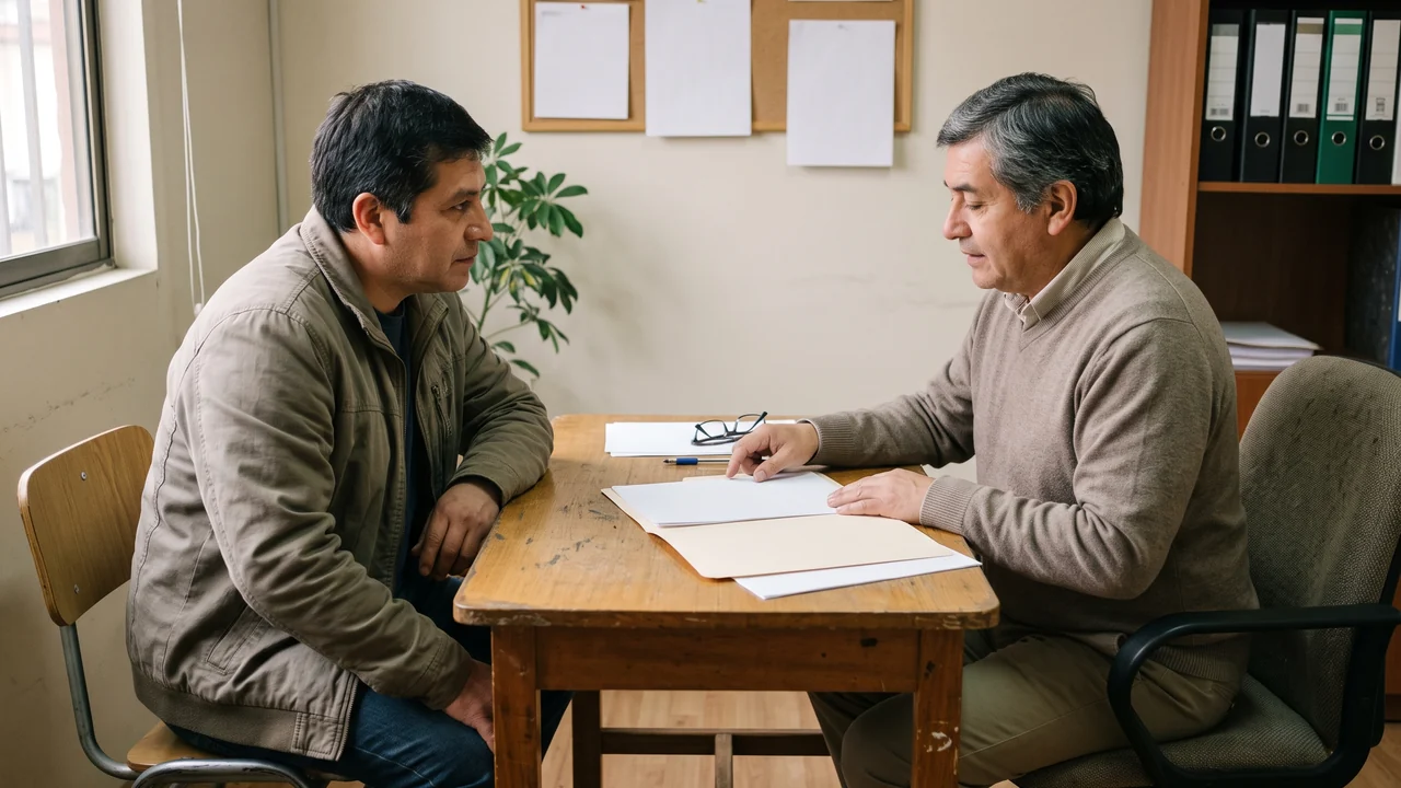 Dos personas conversan frente a una carpeta y documentos sin marcas en una sala de reunión sobria.