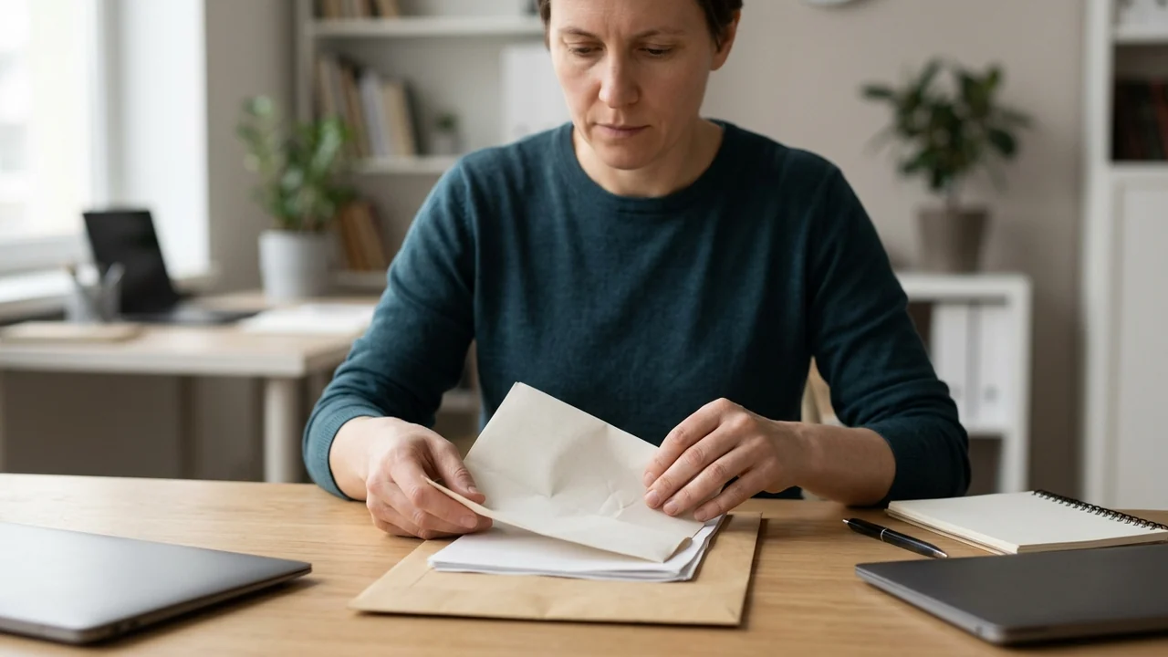 Trabajador revisa una carta y un sobre sin texto legible junto a documentos de respaldo en un escritorio.