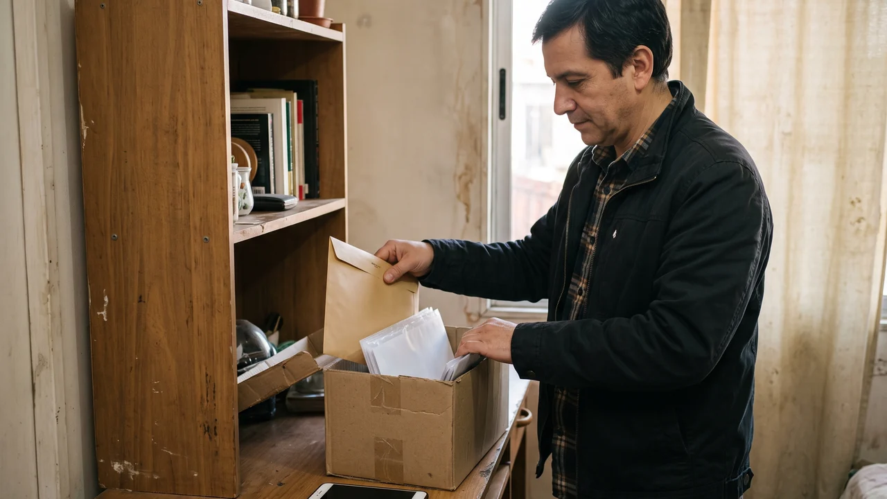 Persona adulta guarda un sobre y fundas de documentos sin marcas en una caja de archivo doméstica.