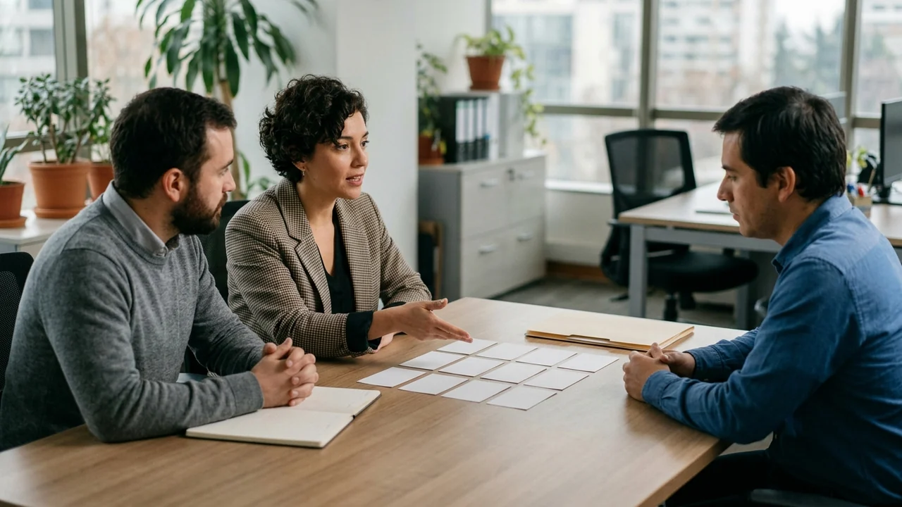 Tres profesionales adultos revisan opciones de organización en una mesa con tarjetas geométricas sin texto y una carpeta cerrada.