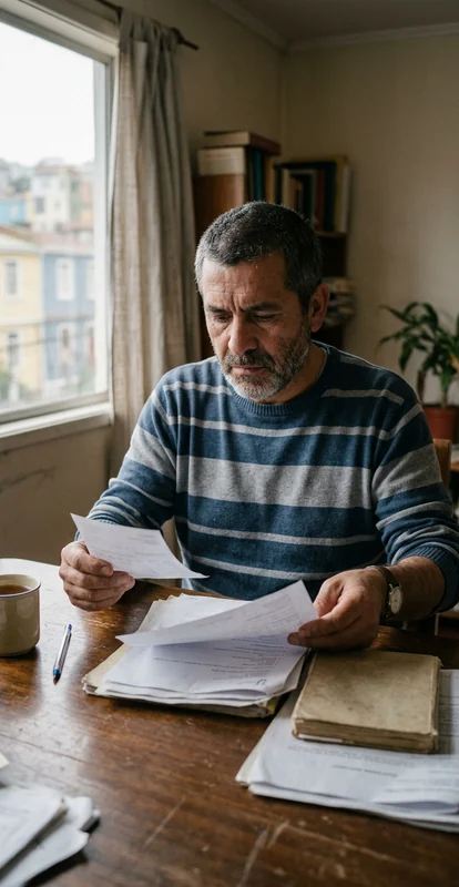 Trabajador adulto sentado ordena documentos laborales sin texto legible en un escritorio pequeño iluminado por una ventana.