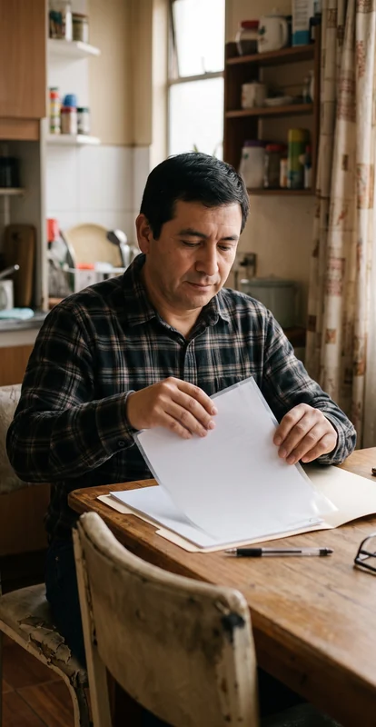 Persona adulta guarda documentos sin marcas en una carpeta sobre una mesa de hogar.
