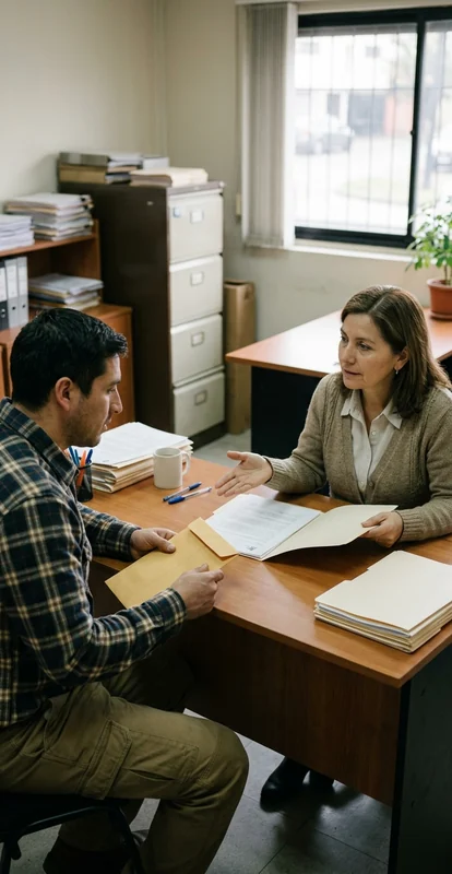 Una persona adulta y una profesional del derecho revisan una carpeta y un sobre en una consulta privada.