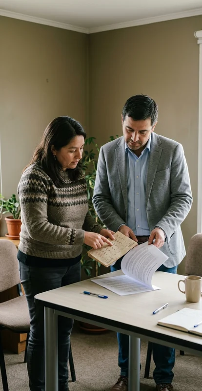 Dos personas de pie comparan un documento y un calendario junto a una mesa de reunión.